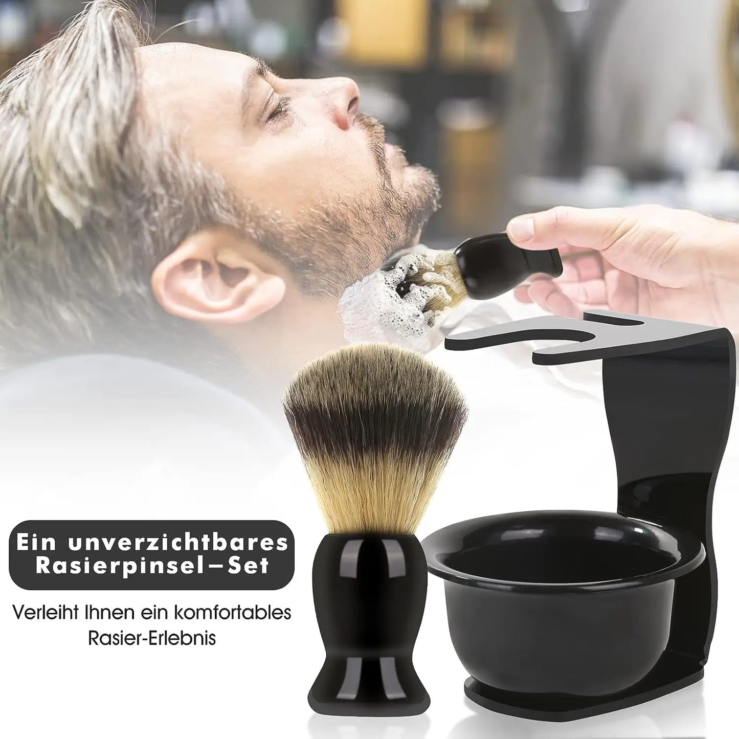 Shaving Brush Set, 3-in-1 Shaving Set with Shaving Brush, Shaving Bowl and Shaving Stand,  Father's Day Men's Shaving Gift Set