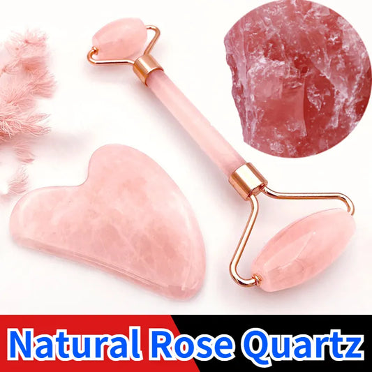 Rose Quartz Powder Crystal Jade Roller Massage Set with Gua Sha Tool for Facial Lift Up