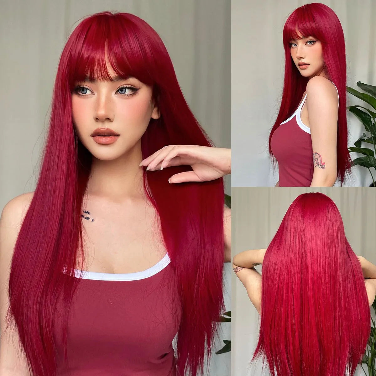 Red Long Straight Synthetic Wig with Bangs for Women - Heat Resistant Cosplay Party Hair