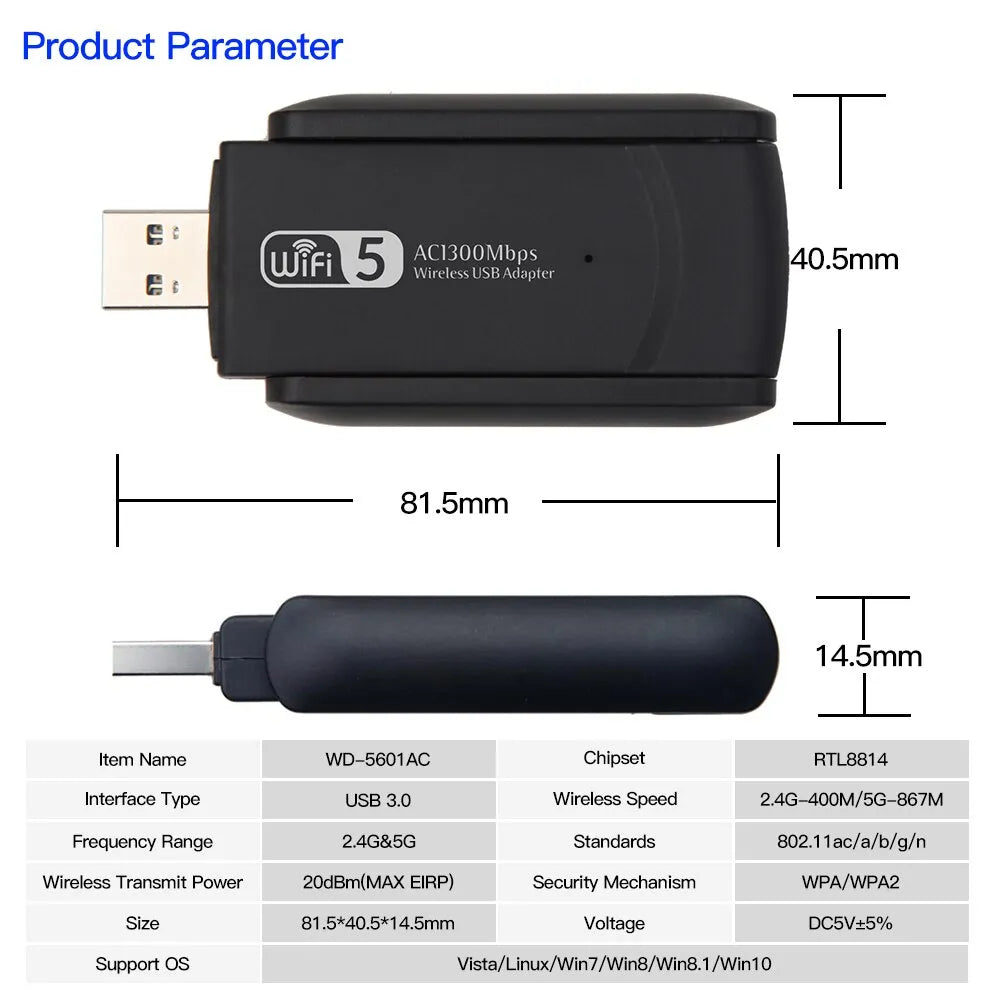 High-Speed 1300Mbps Dual Band USB3.0 WiFi Adapter with Antenna