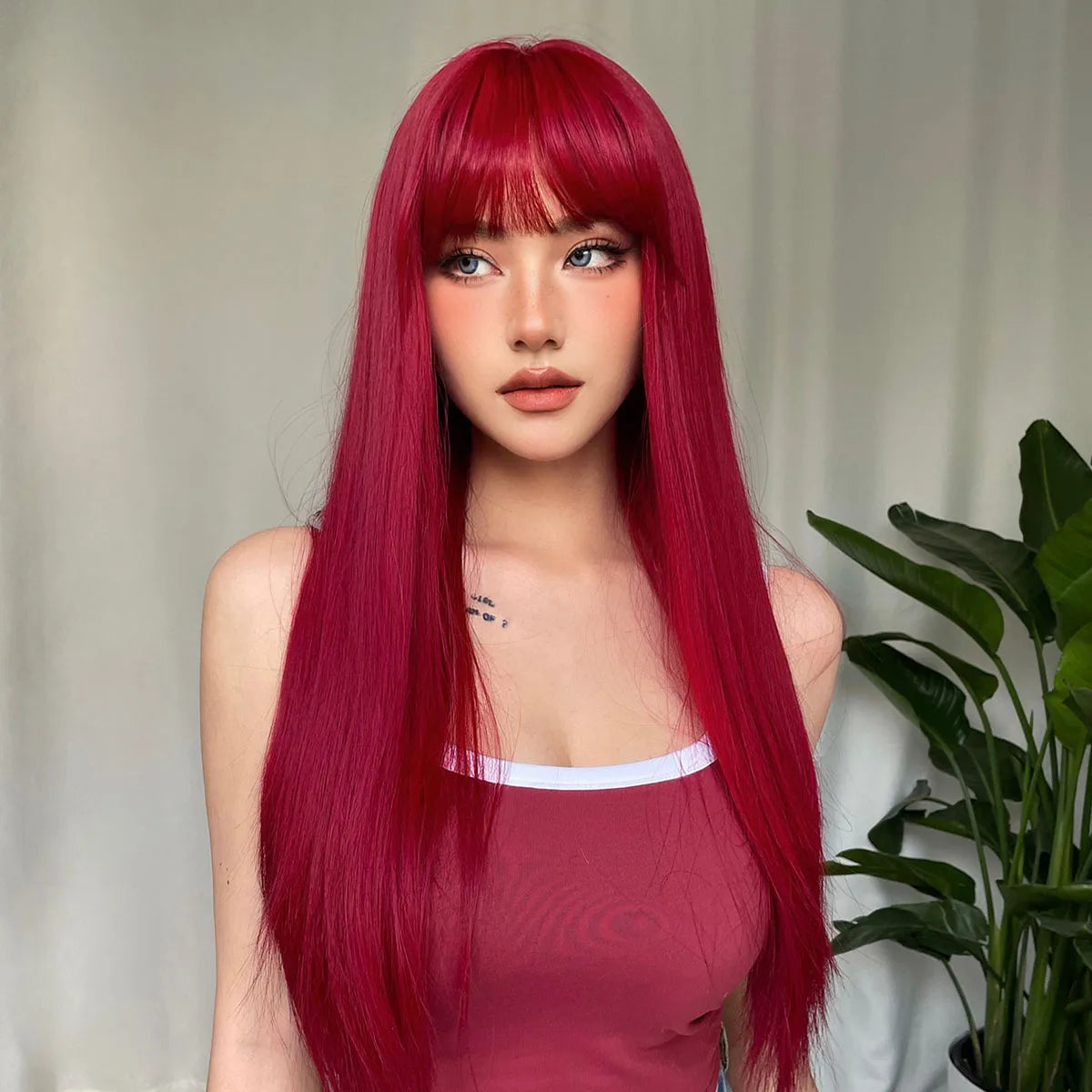 Red Long Straight Synthetic Wig with Bangs for Women - Heat Resistant Cosplay Party Hair