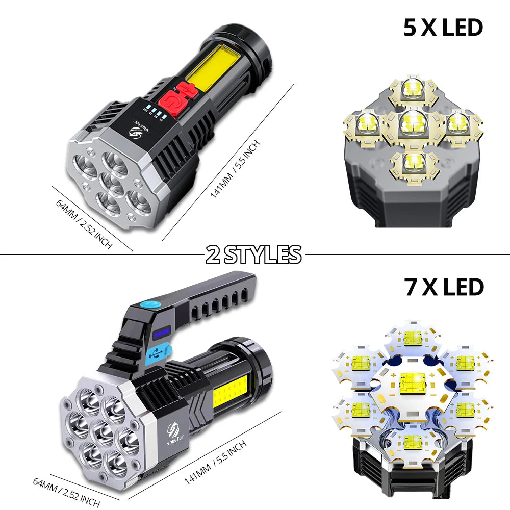 7LED Rechargeable Flashlight with COB Side Light for Outdoor Adventures