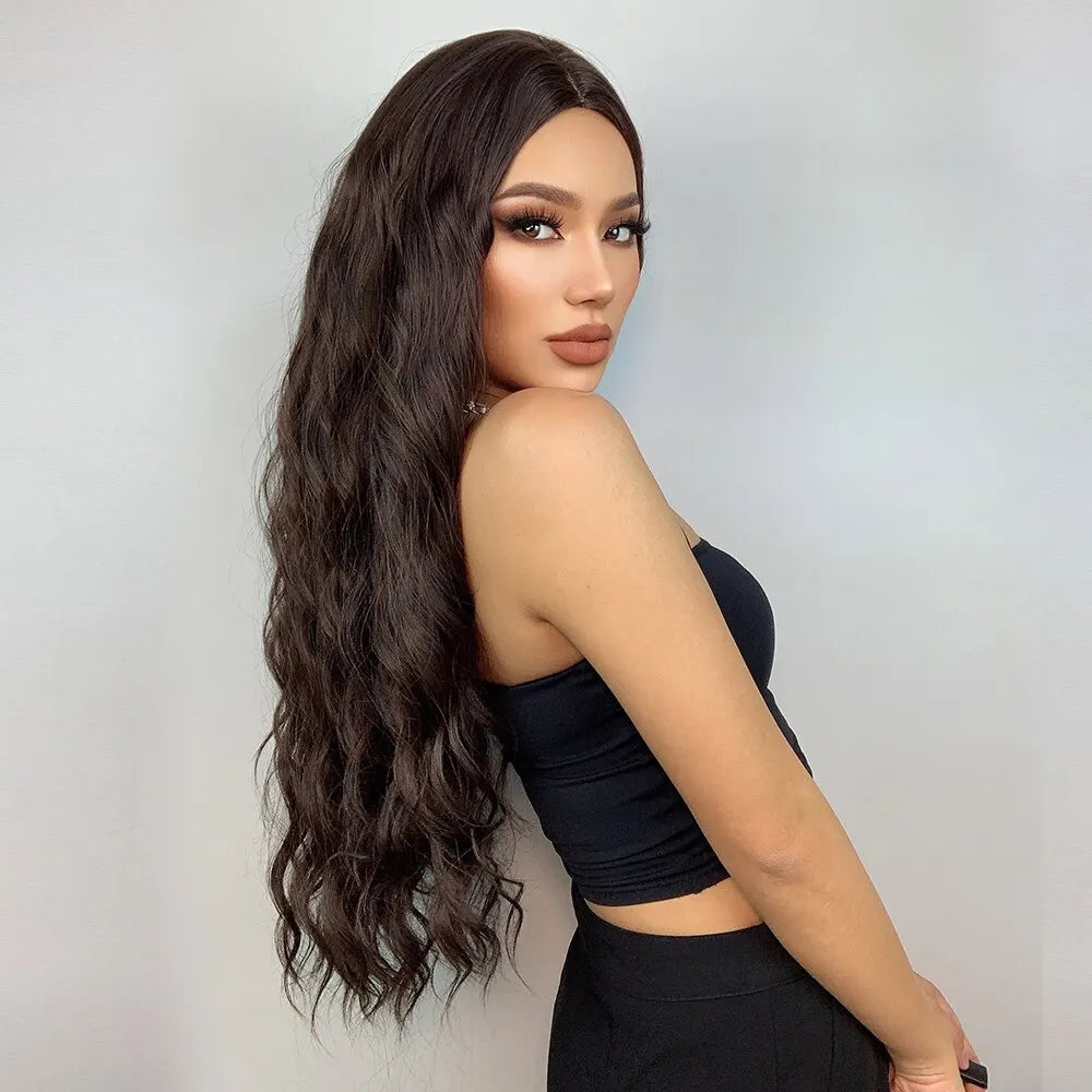 Long Brown Curly Wavy Synthetic Wig for Women with Middle Part - Heat Resistant and Perfect for Any Occasion