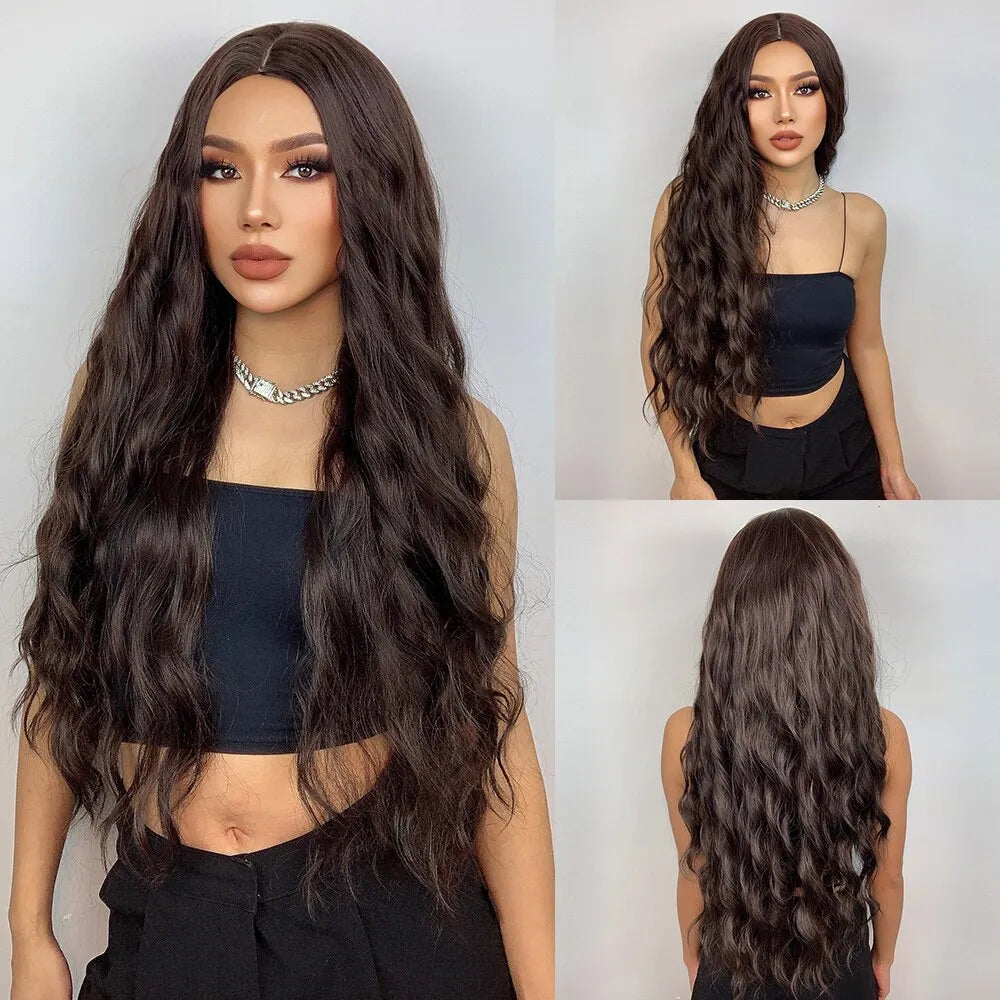 Long Brown Curly Wavy Synthetic Wig for Women with Middle Part - Heat Resistant and Perfect for Any Occasion