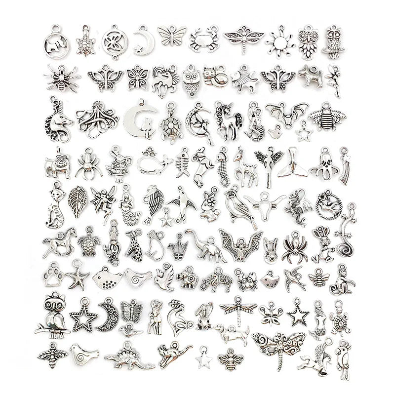 Assorted 100-Piece Zinc Alloy Animal Charms for DIY Jewelry Making