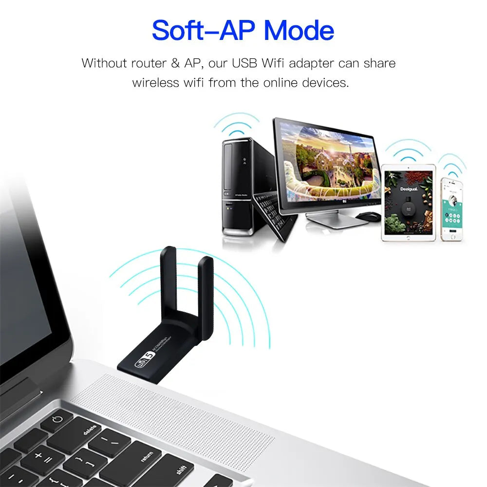 High-Speed 1300Mbps Dual Band USB3.0 WiFi Adapter with Antenna