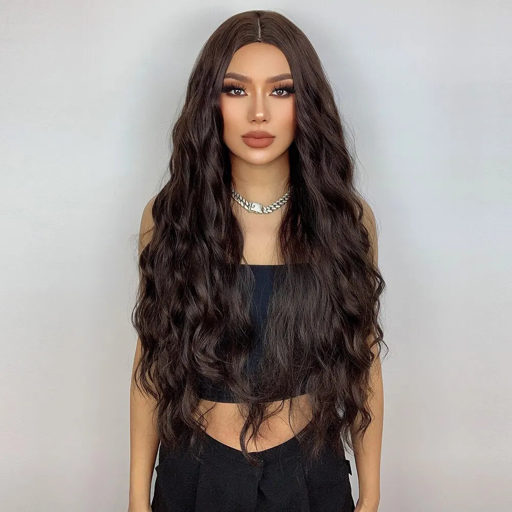 Long Brown Curly Wavy Synthetic Wig for Women with Middle Part - Heat Resistant and Perfect for Any Occasion