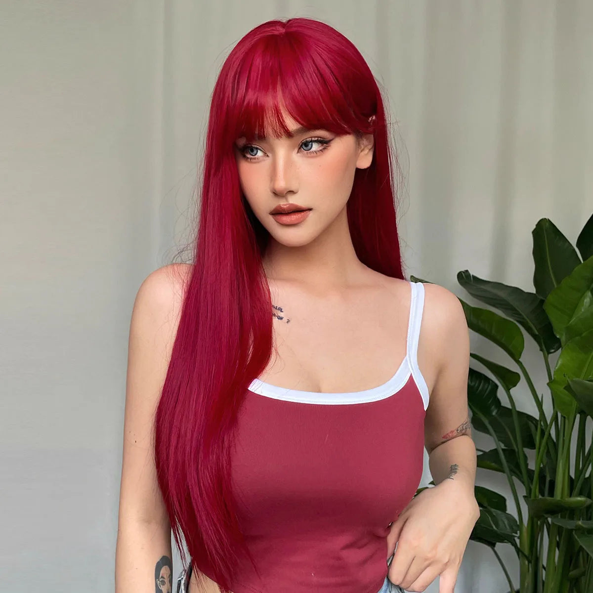 Red Long Straight Synthetic Wig with Bangs for Women - Heat Resistant Cosplay Party Hair