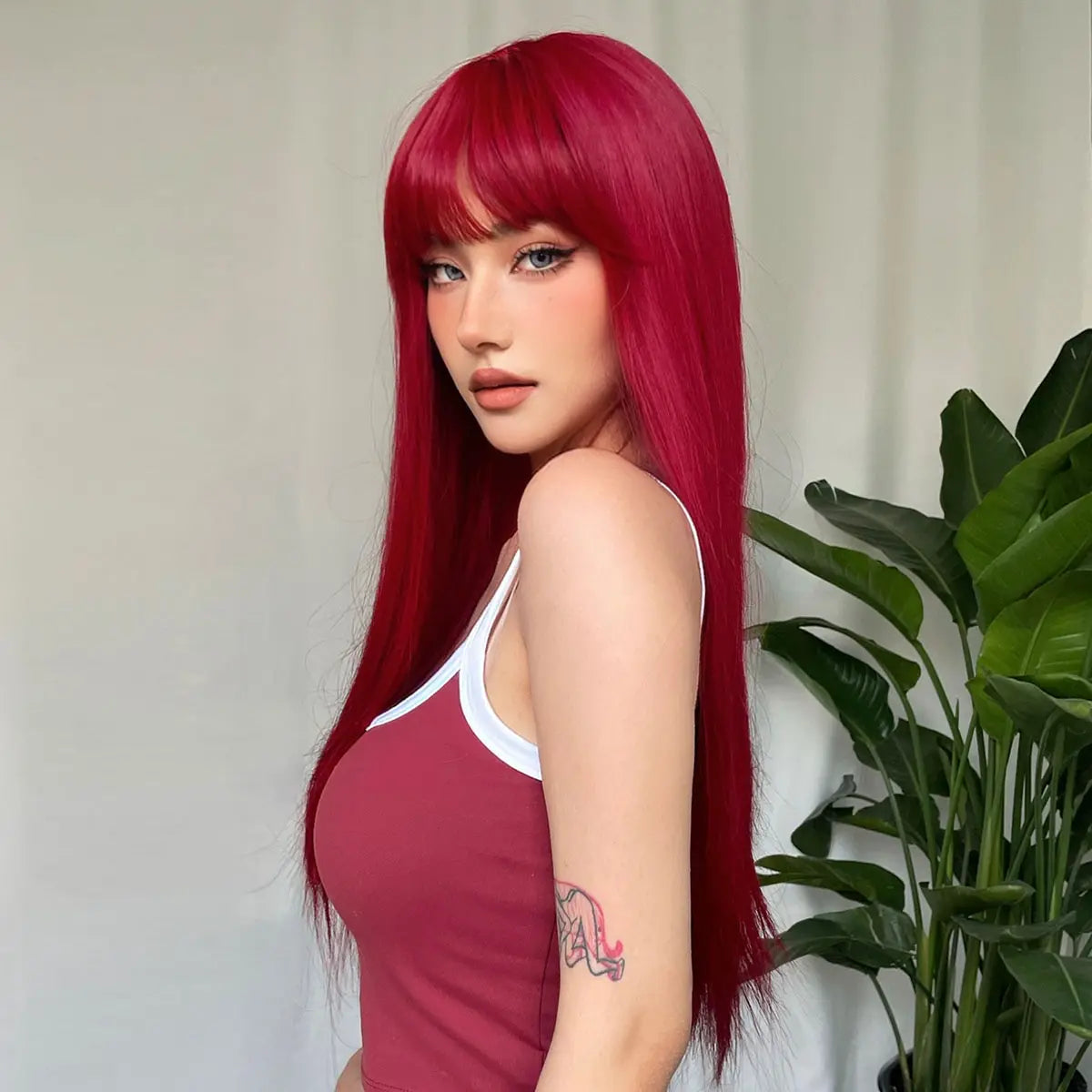 Red Long Straight Synthetic Wig with Bangs for Women - Heat Resistant Cosplay Party Hair