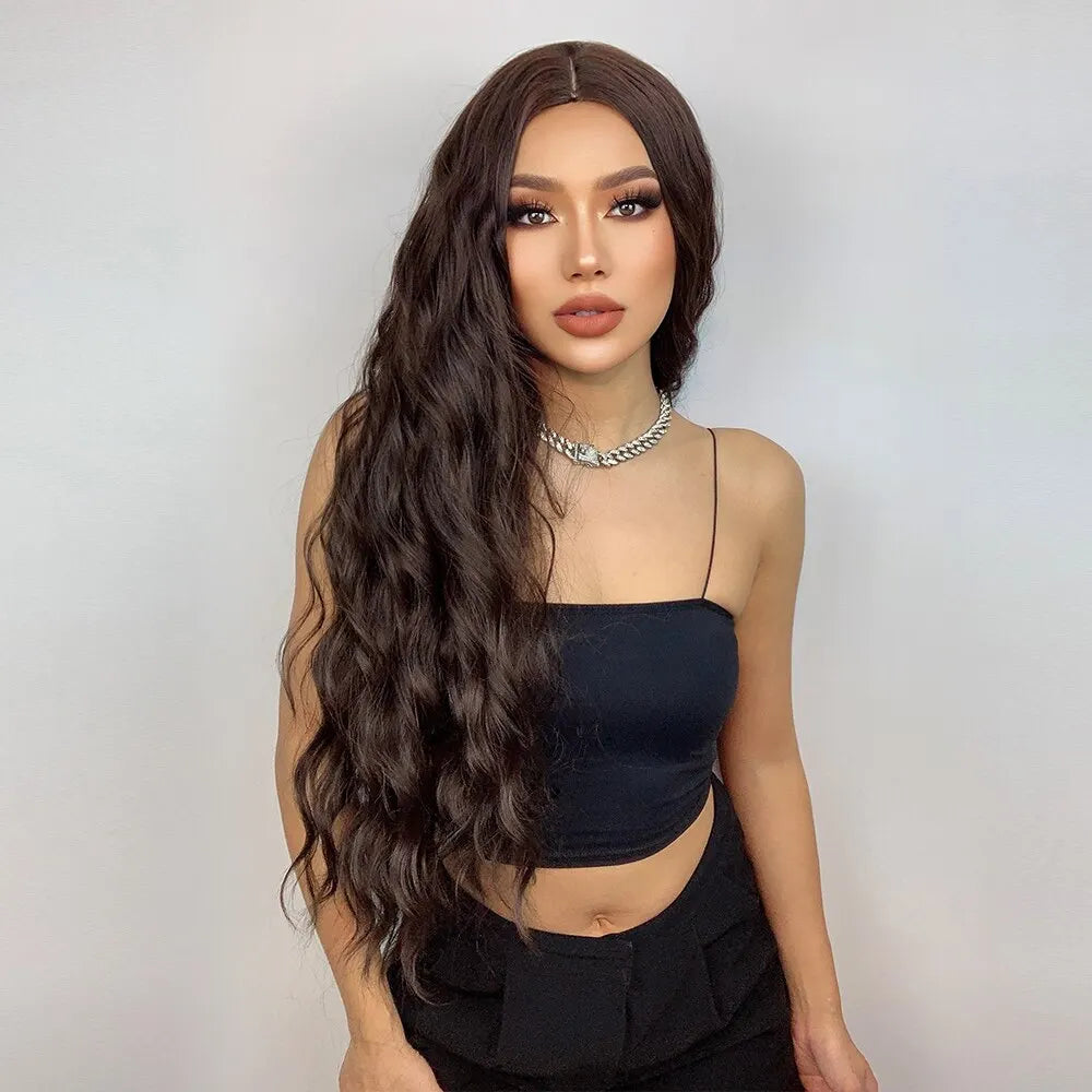 Long Brown Curly Wavy Synthetic Wig for Women with Middle Part - Heat Resistant and Perfect for Any Occasion